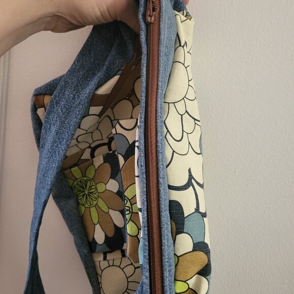OOAK Upcycled Denim & 70s Vintage Floral Crossbody Bag - Boho/Retro - Picture 4 of 9